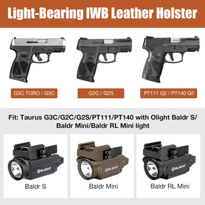 Taurus G3C / G2C IWB Brown Leather Holster w/Olight Baldr S / Baldr Mini / RL Mini - Light-Bearing Concealed Carry, Optic Cut, Fits PT111/PT140, 1.5"-1.75" Belts, Right Hand