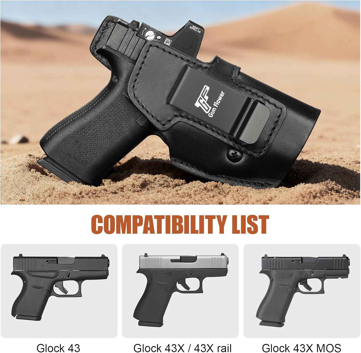 Glock 43/43X/43X MOS IWB Leather Holster - Optic Cut Concealed Carry, Appendix Inside Waistband, Fits 1.5"-1.75" Belt, Brown/Black Right Hand - GUN & FLOWER