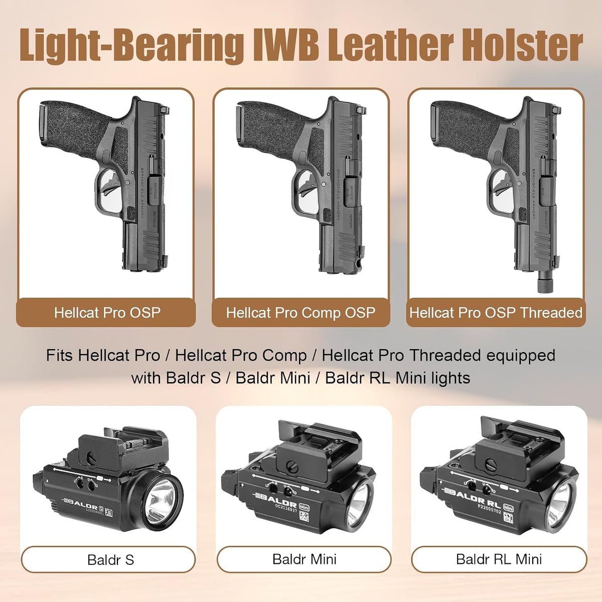 Hellcat Pro IWB Black Leather Holster w/Olight Baldr S / Baldr Mini / RL Mini - Light-Bearing Optic Cut, Fits Hellcat Pro OSP / Comp / Threaded, 1.5"-1.75" Belts, Right Hand