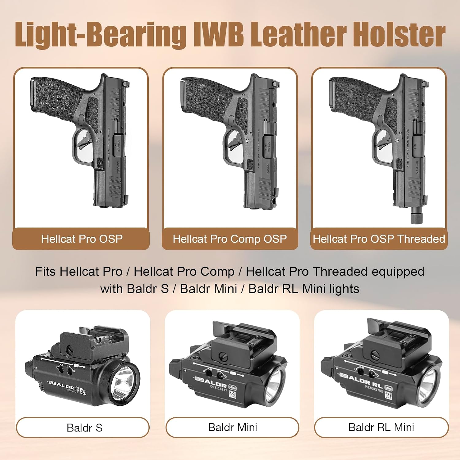 Hellcat Pro IWB Black Leather Holster w/Olight Baldr S / Baldr Mini / RL Mini - Light-Bearing Optic Cut, Fits Hellcat Pro OSP / Comp / Threaded, 1.5"-1.75" Belts, Right Hand