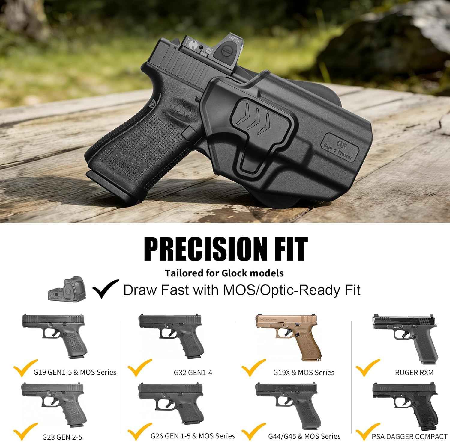 G19 OWB Index Finger Release Holster for Glock 19 G26 Gen 3 4 5, 19X 23 Gen 3 4, G 32 44 45 丨 Level II Retention, 360° Adjustable丨Optic-Compatible Option Available