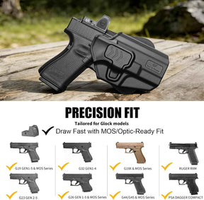 G19 OWB Index Finger Release Holster for Glock 19 G26 Gen 3 4 5, 19X 23 Gen 3 4, G 32 44 45 丨 Level II Retention, 360° Adjustable丨Optic-Compatible Option Available