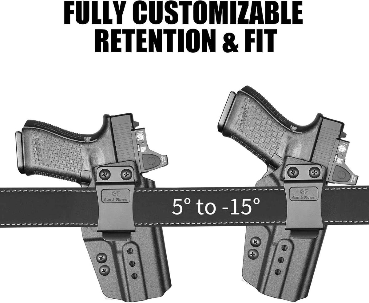 Glock 19/17/19X/45 IWB Holster - Optic Cut, Adjustable Cant & Height, Inside Waistband Concealed Carry, Fits Gen 1-6 + G34/G44/G32 Gen3-4 & Ruger RXM, Right Hand Black (OWB Ready) - GUN & FLOWER