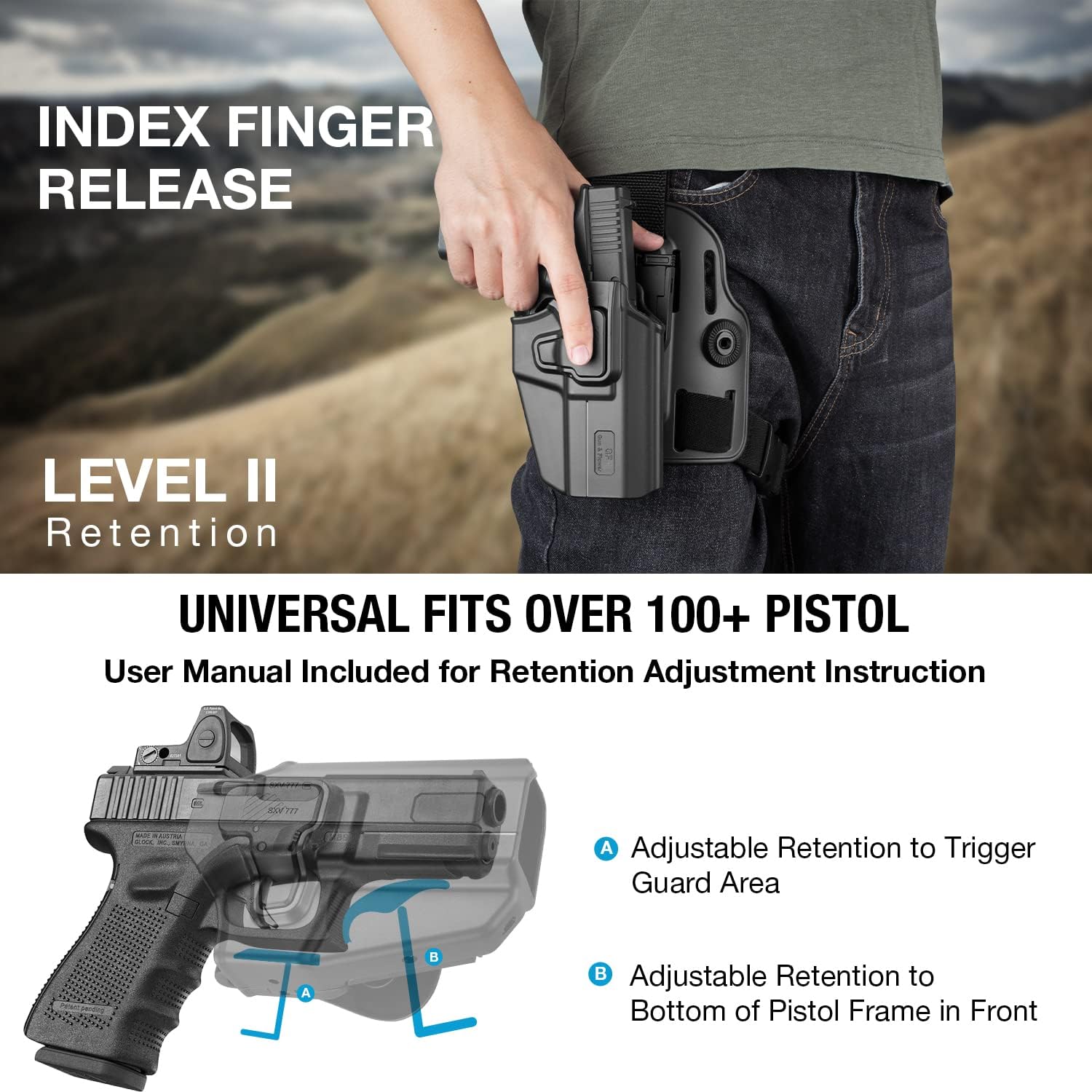 Level II Tactical Drop Leg Holster, Universal Leg Holster Fits 100+ Pistols, Thigh Holster for Glock 17 19,Beretta 92FS,S&W M&P 9mm/.40, Sig P320 P220,XD Series, Fit Most Full&Compact Size Pistols