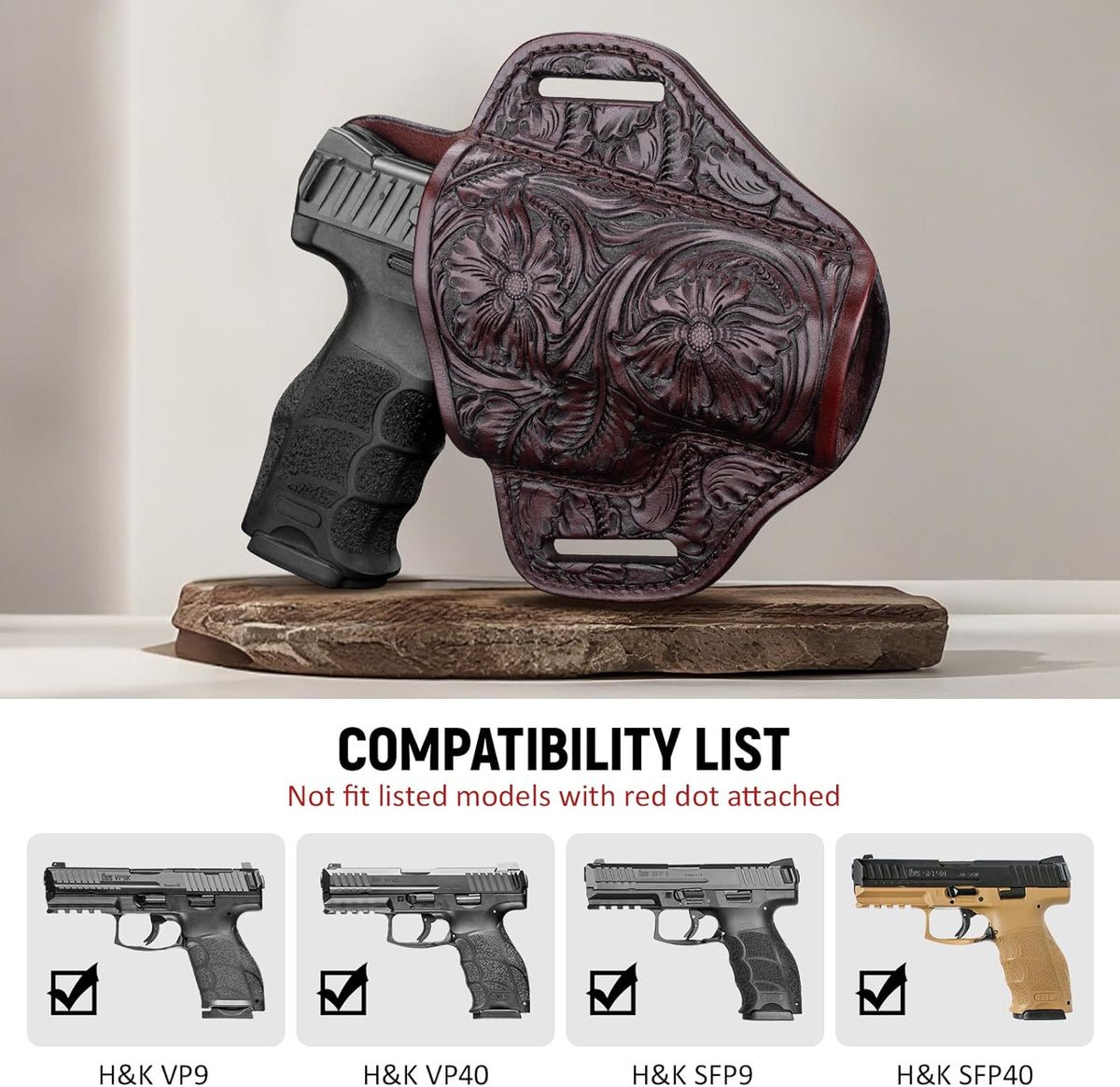 Premium Leather HK VP9 Holster - Compatible with Heckler & Koch (H&K) VP9/ VP40/ SFP9/ SFP40, OWB Western Hand-Carved Holster for Women & Men -Fits 1.5" Belts GUN & FLOWER