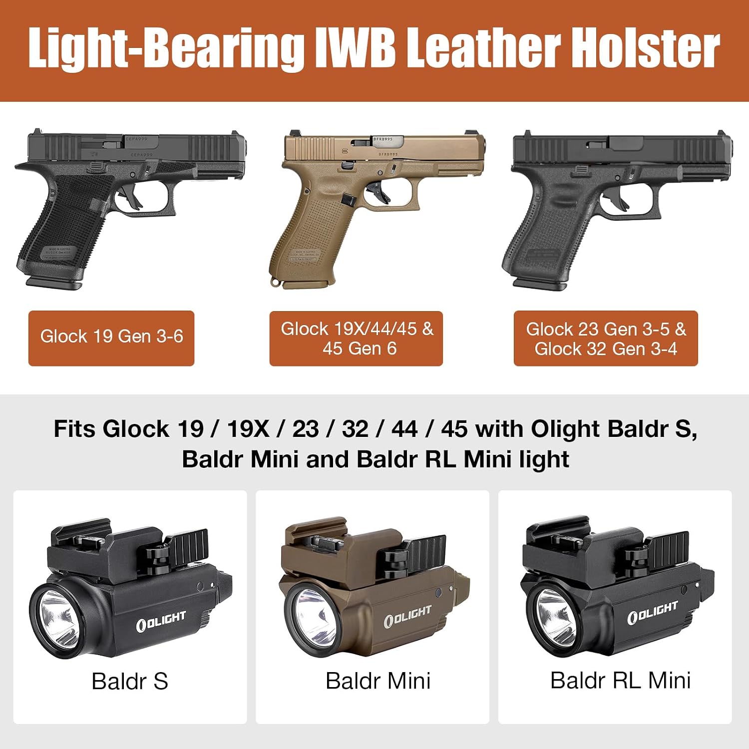 Glock 19/19X/23/32/44/45 IWB Leather Holster w/Olight Baldr S / Baldr Mini / RL Mini - Light-Bearing Optic Cut, Fits MOS Version, 1.5"-1.75" Belts, Right Hand