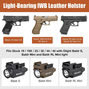 Glock 19/19X/23/32/44/45 IWB Leather Holster w/Olight Baldr S / Baldr Mini / RL Mini - Light-Bearing Optic Cut, Fits MOS Version, 1.5"-1.75" Belts, Right Hand