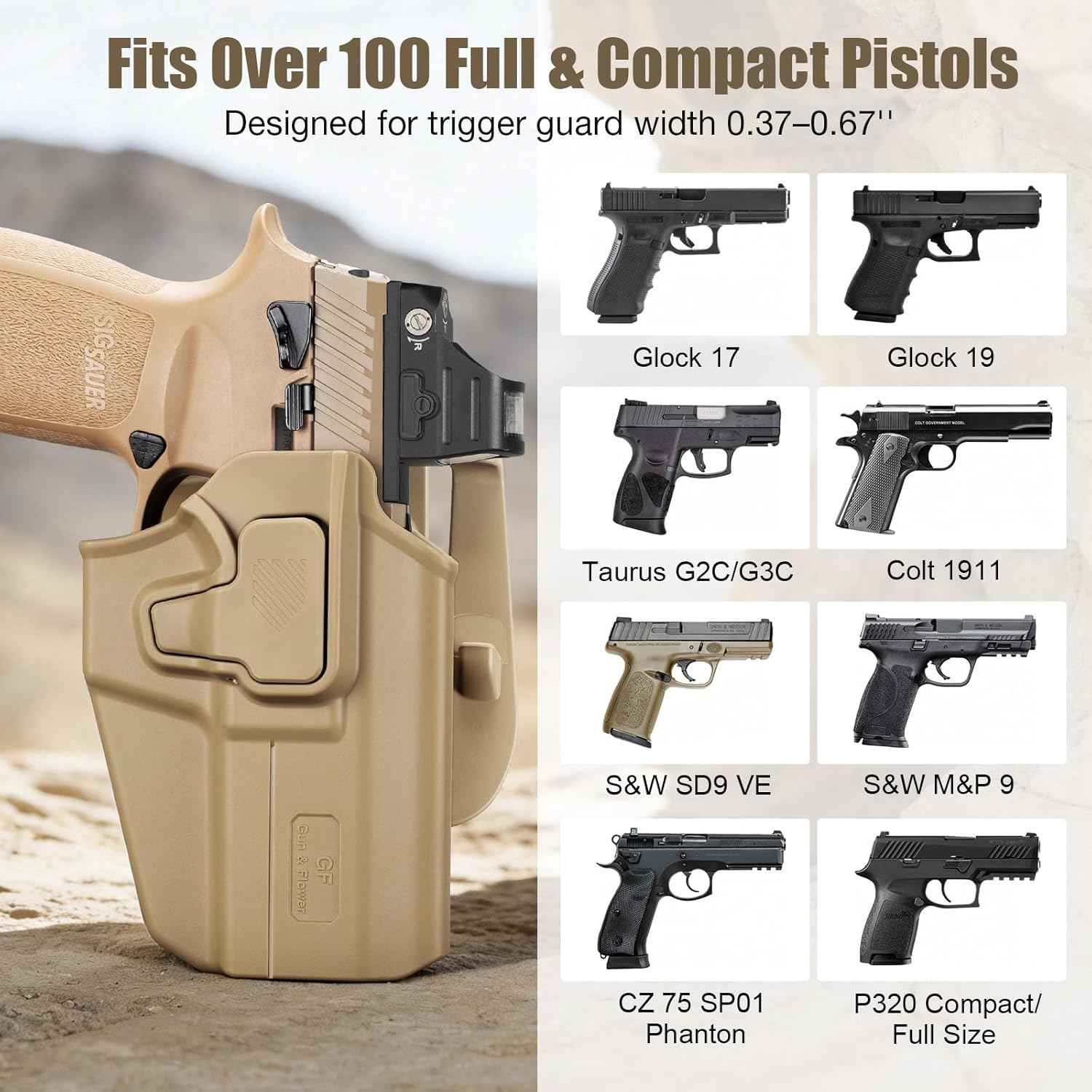 Universal OWB Paddle Holster Desert Tan Optic Ready - Fits Sig P320, Glock 17/19, Taurus G2C/G3C, Canik TP9, FN 509, M&P, CZ P-07 & More - Index Finger Release, Right Hand