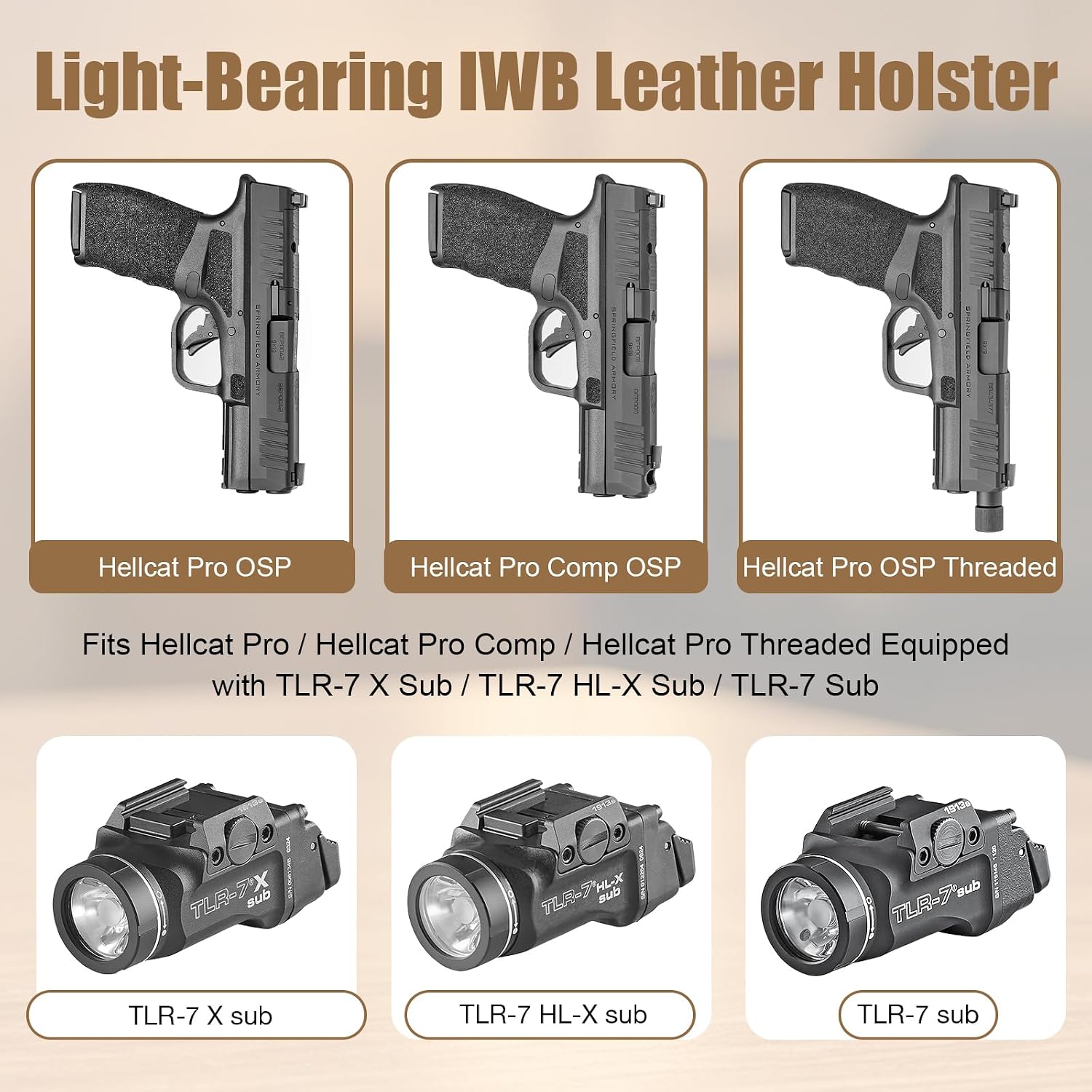 Hellcat Pro IWB Leather Holster w/TLR-7 X Sub, TLR-7 Sub & TLR-7 HL-X Sub - Optic Cut Light-Bearing Concealed Carry, Fits Hellcat Pro OSP / Comp / Threaded, 1.5"-1.75" Belts