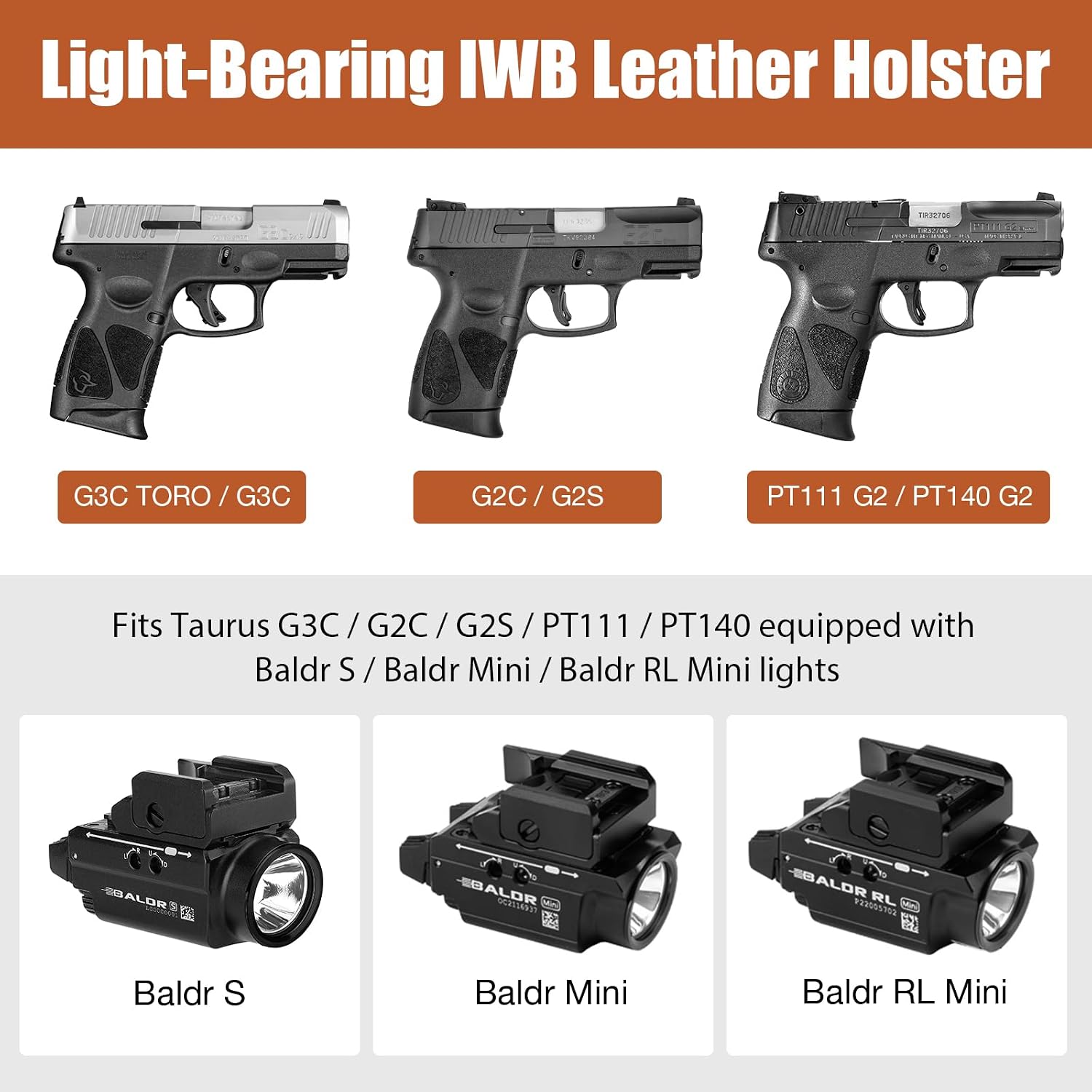 Taurus G3C / G2C / G2S IWB Black Leather Holster w/Olight Baldr S / Baldr Mini / RL Mini - Light-Bearing Optic Cut, Also Fits PT111 / PT140, 1.5"-1.75" Belts, Right Hand
