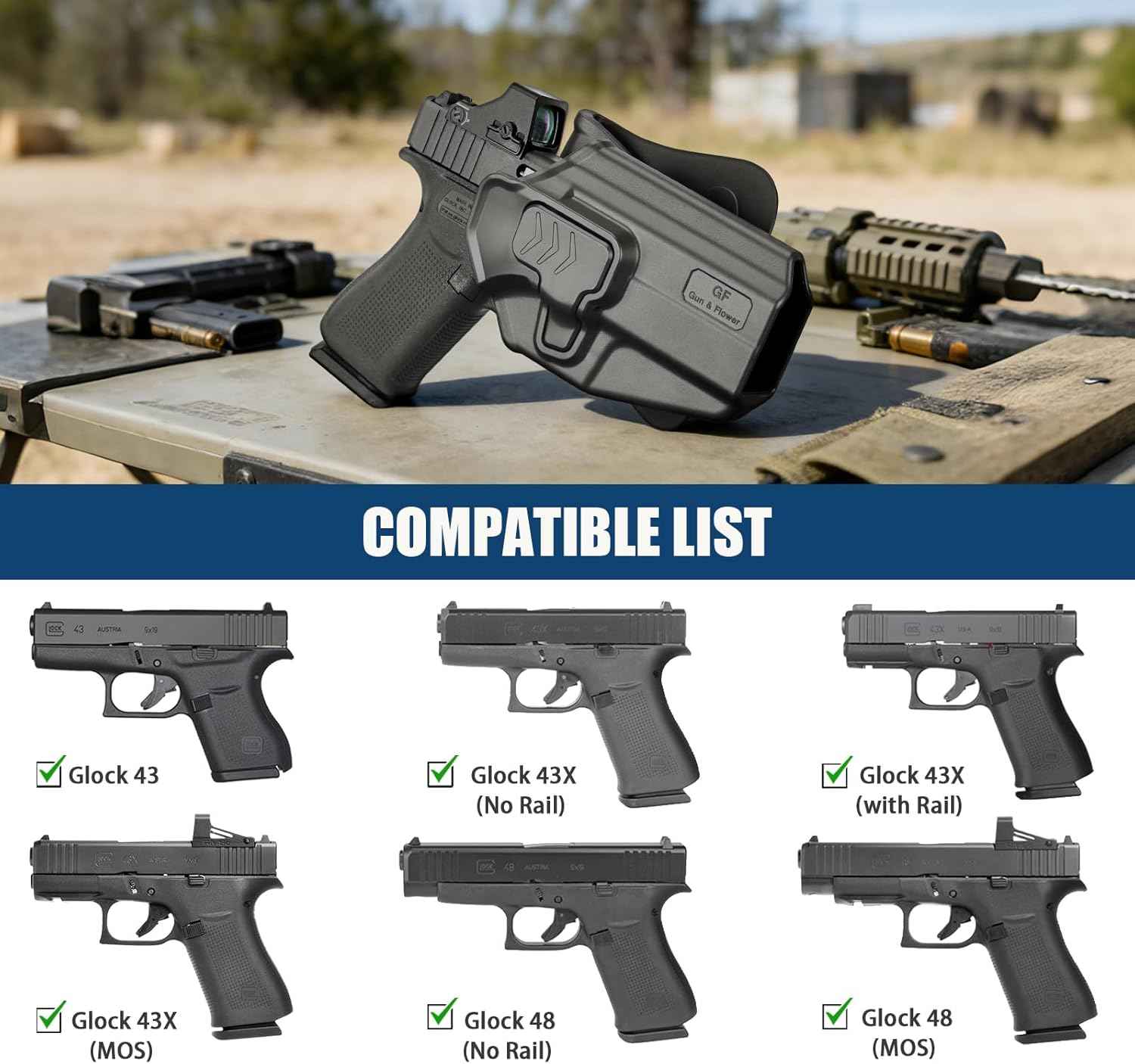 Level II Retention Glock 43 / 43X / 48 OWB Silicone Paddle Holster (MOS & Rail Versions) - Fits G43X MOS with/without Rail, Multiple Attachment Options, Right Hand