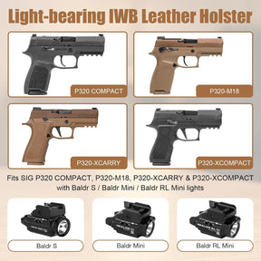 Sig P320 Compact / M18 IWB Black Leather Holster w/Olight Baldr S / Baldr Mini / RL Mini - Light-Bearing Optic Cut, Also Fits P320 XCarry & XCompact, 1.5"-1.75" Belts, Right Hand