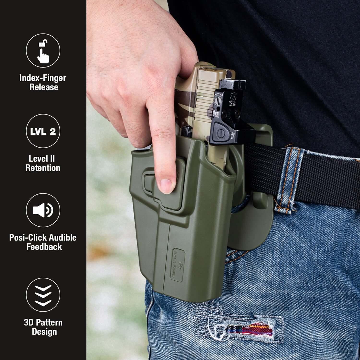 Universal OWB Green Holster Fits More Than 100 Pistols, Index Finger Release System, Adj Retention, Right Hand