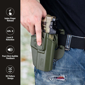 Universal OWB Green Holster Fits More Than 100 Pistols, Index Finger Release System, Adj Retention, Right Hand