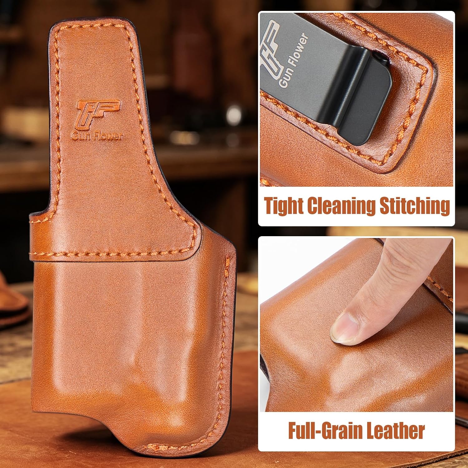Glock 43X IWB Leather Holster w/TLR-7X Sub, TLR-7 HL-X Sub & TLR-7 Sub - Optic-Ready Cut, Fits Glock 43X MOS & Rail Version + PSA Dagger Micro, 1.5"-1.75" Belts, Right Hand - GUN & FLOWER