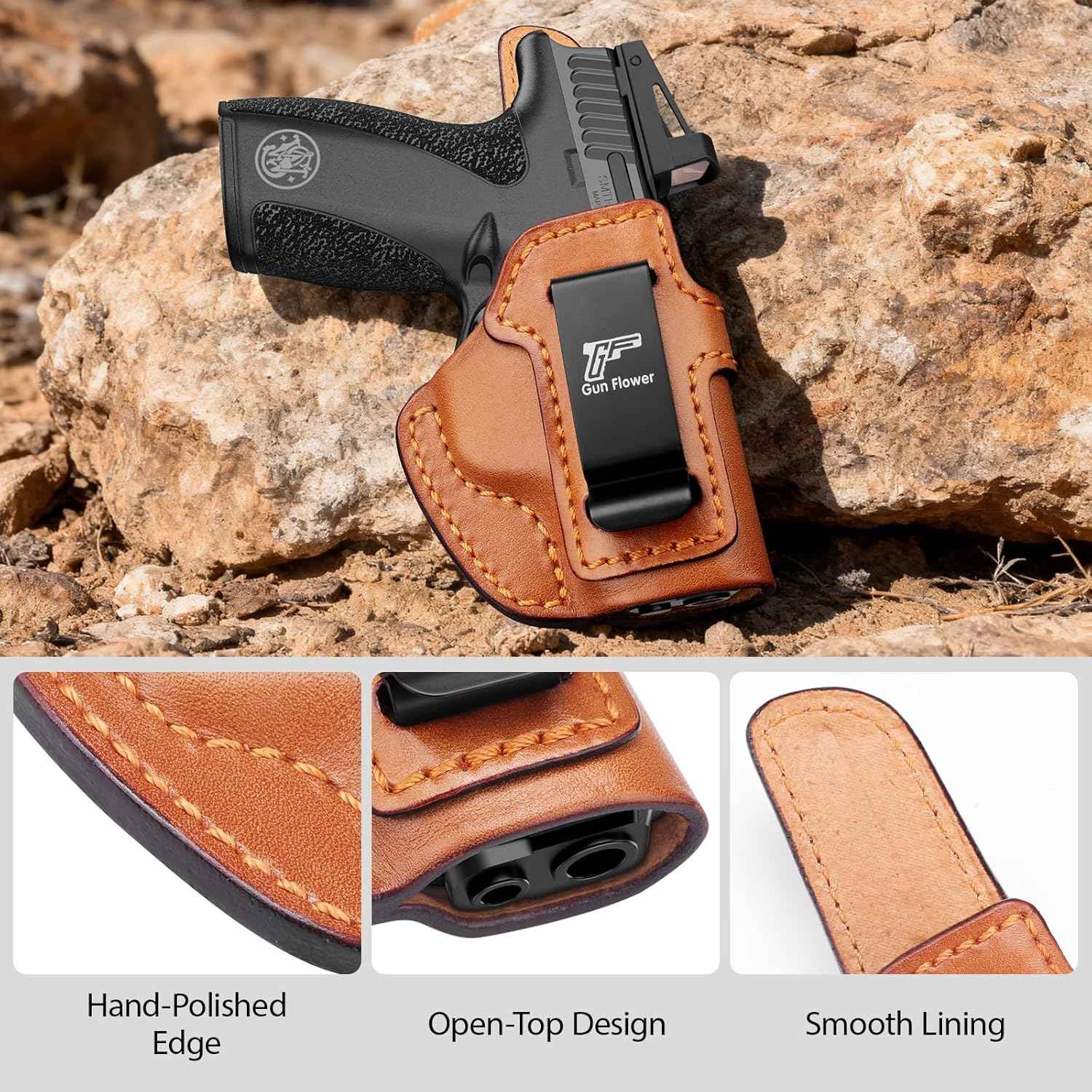 S&W Bodyguard 2.0 IWB Leather Holster - Optic Cut Concealed Carry, Premium Leather Inside Waistband, Fits 1.5"-1.75" Belt, Right Hand - GUN & FLOWER