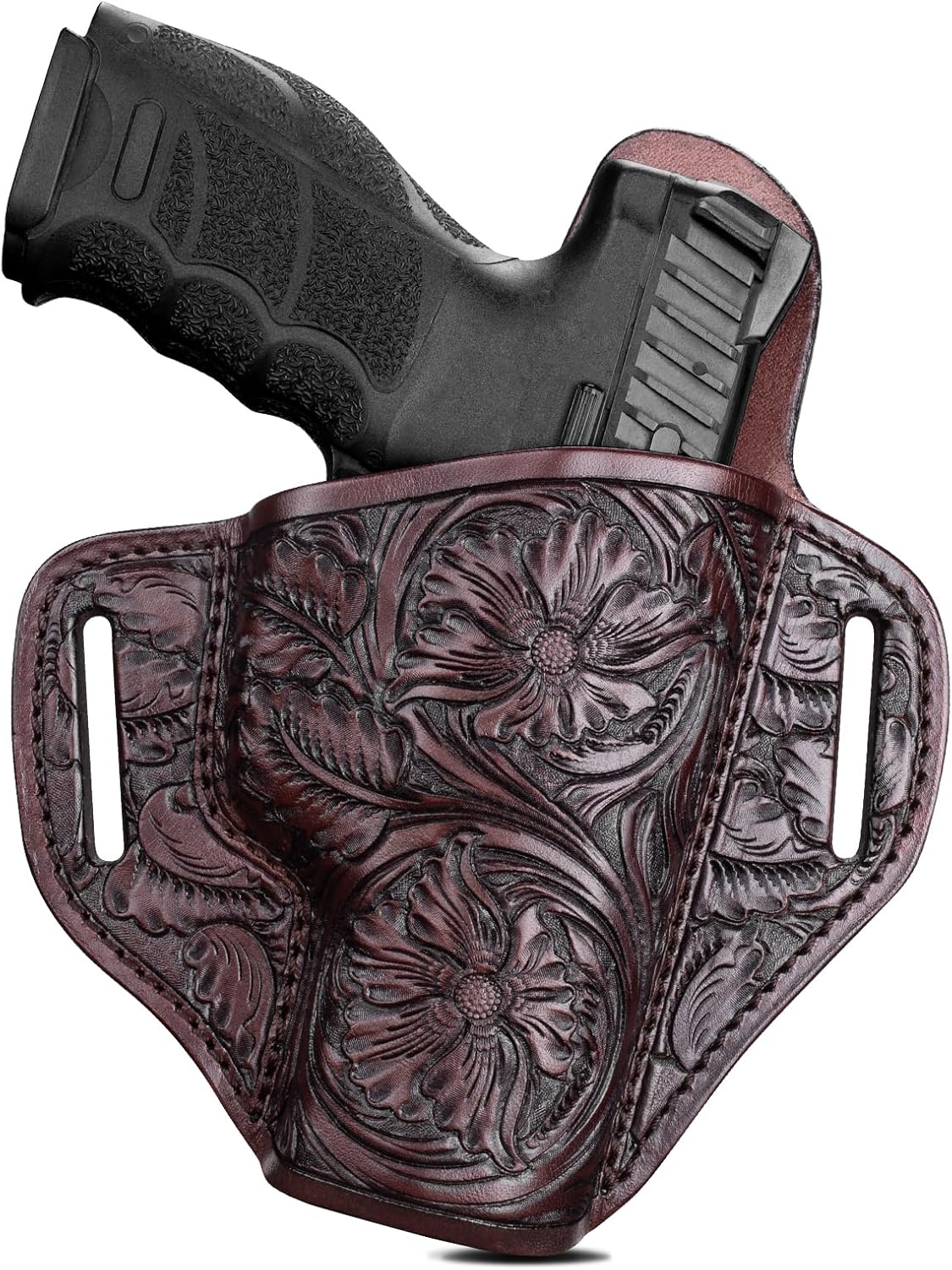 Premium Leather HK VP9 Holster - Compatible with Heckler & Koch (H&K) VP9/ VP40/ SFP9/ SFP40, OWB Western Hand-Carved Holster for Women & Men -Fits 1.5" Belts GUN & FLOWER