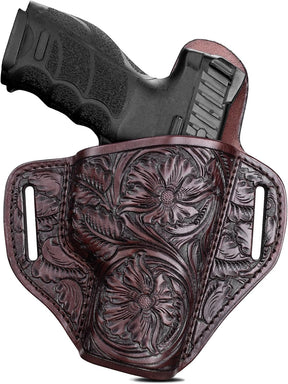 Premium Leather HK VP9 Holster - Compatible with Heckler & Koch (H&K) VP9/ VP40/ SFP9/ SFP40, OWB Western Hand-Carved Holster for Women & Men -Fits 1.5" Belts GUN & FLOWER