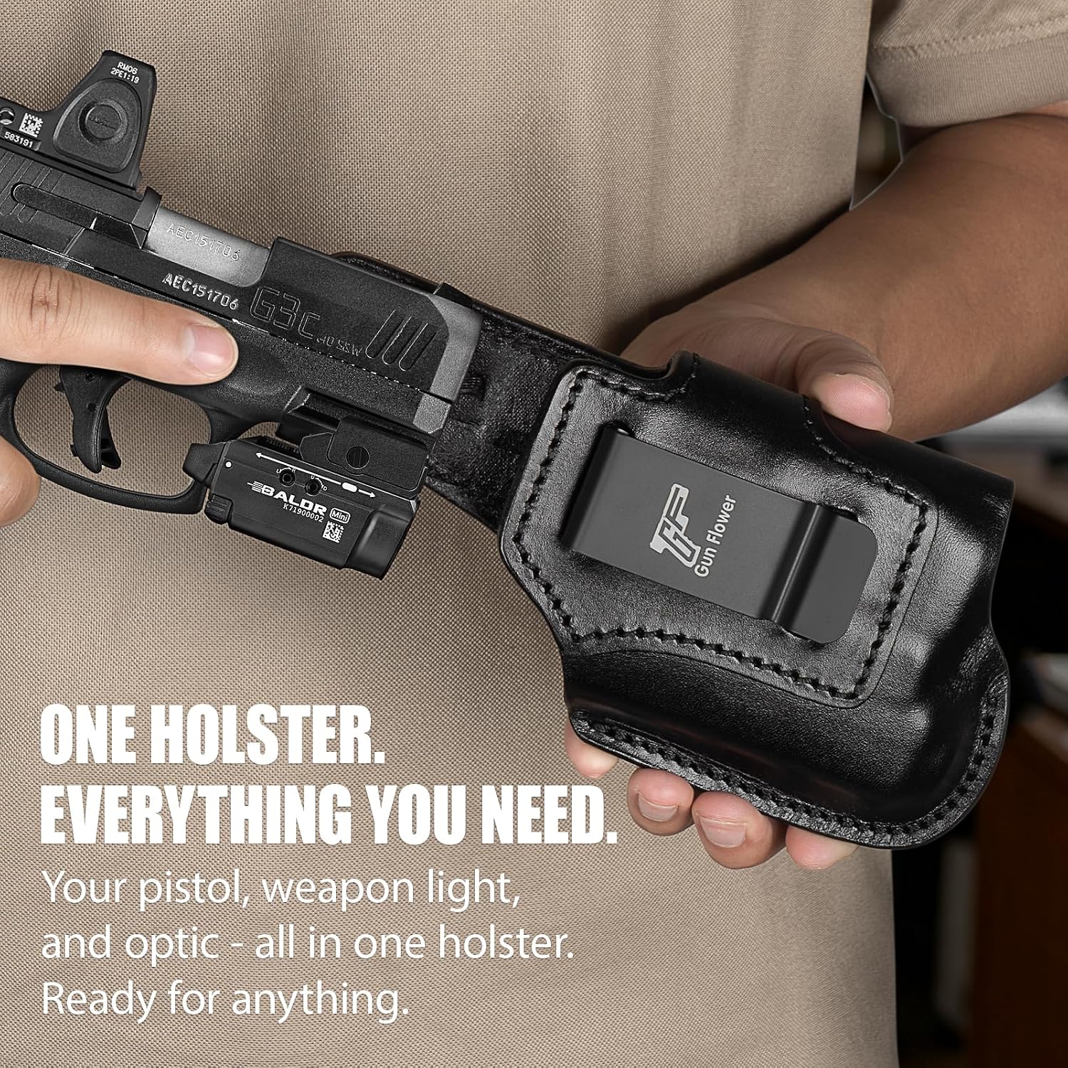 Taurus G3C / G2C / G2S IWB Black Leather Holster w/Olight Baldr S / Baldr Mini / RL Mini - Light-Bearing Optic Cut, Also Fits PT111 / PT140, 1.5"-1.75" Belts, Right Hand