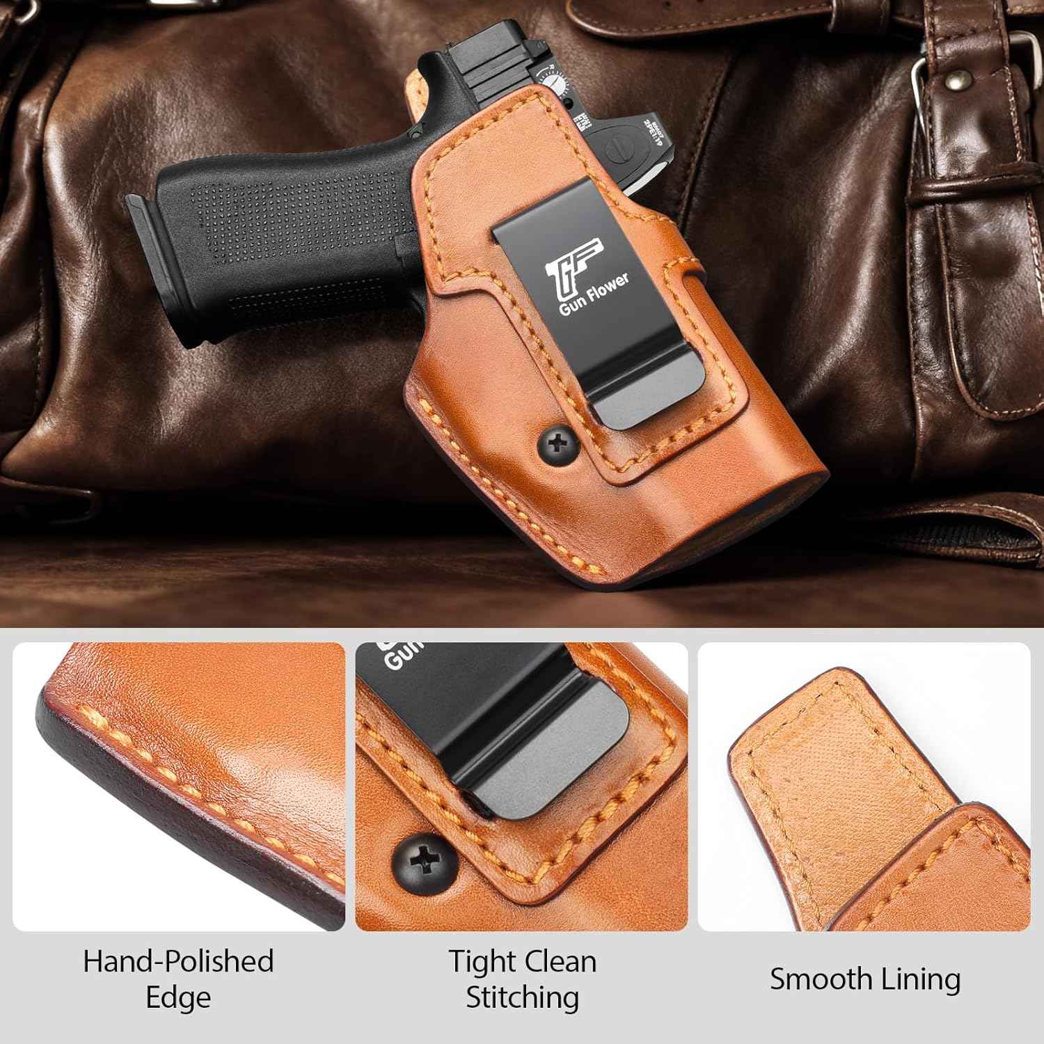 Glock 43/43X/43X MOS IWB Leather Holster - Optic Cut Concealed Carry, Appendix Inside Waistband, Fits 1.5"-1.75" Belt, Brown/Black Right Hand - GUN & FLOWER