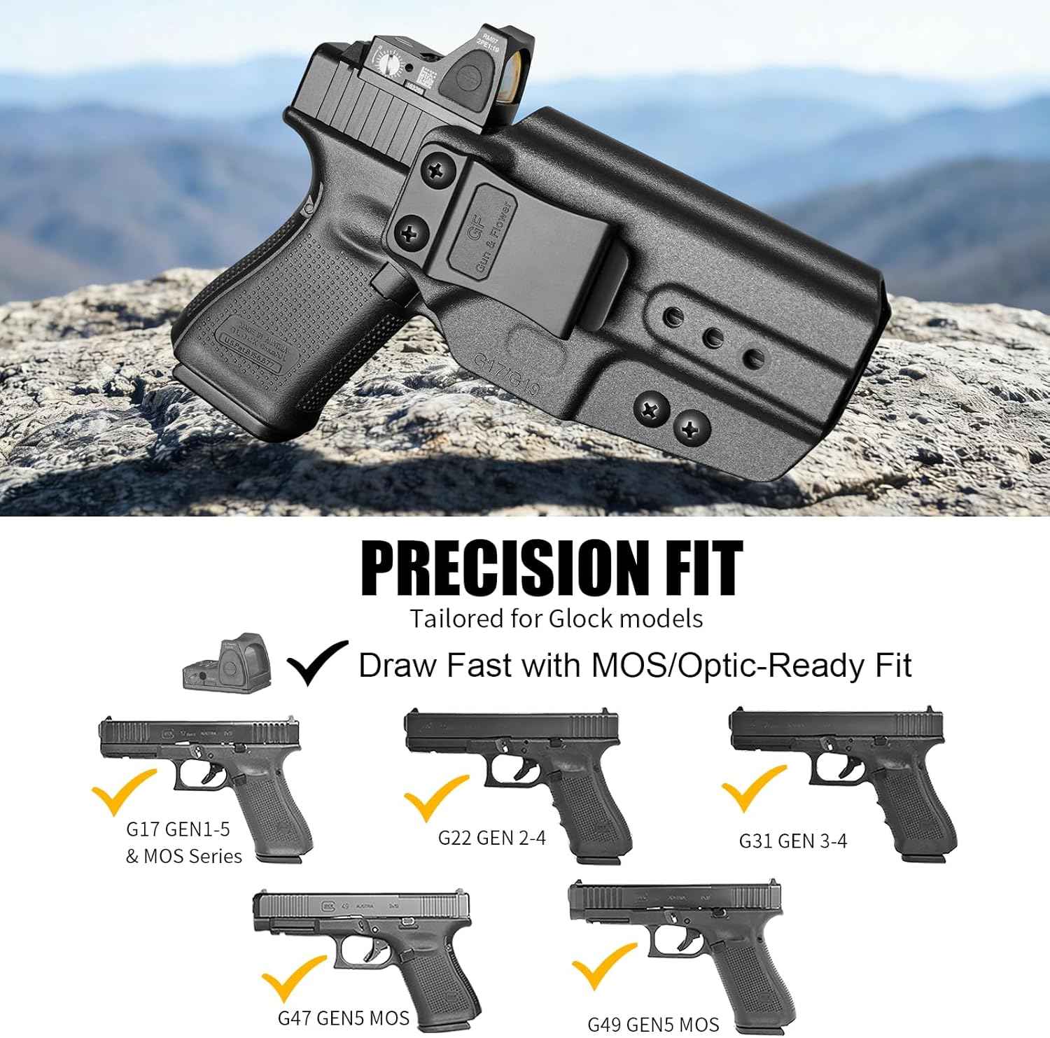 Glock 19/17/19X/45 IWB Holster - Optic Cut, Adjustable Cant & Height, Inside Waistband Concealed Carry, Fits Gen 1-6 + G34/G44/G32 Gen3-4 & Ruger RXM, Right Hand Black (OWB Ready) - GUN & FLOWER