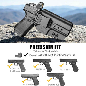 Glock 19/17/19X/45 IWB Holster - Optic Cut, Adjustable Cant & Height, Inside Waistband Concealed Carry, Fits Gen 1-6 + G34/G44/G32 Gen3-4 & Ruger RXM, Right Hand Black (OWB Ready) - GUN & FLOWER