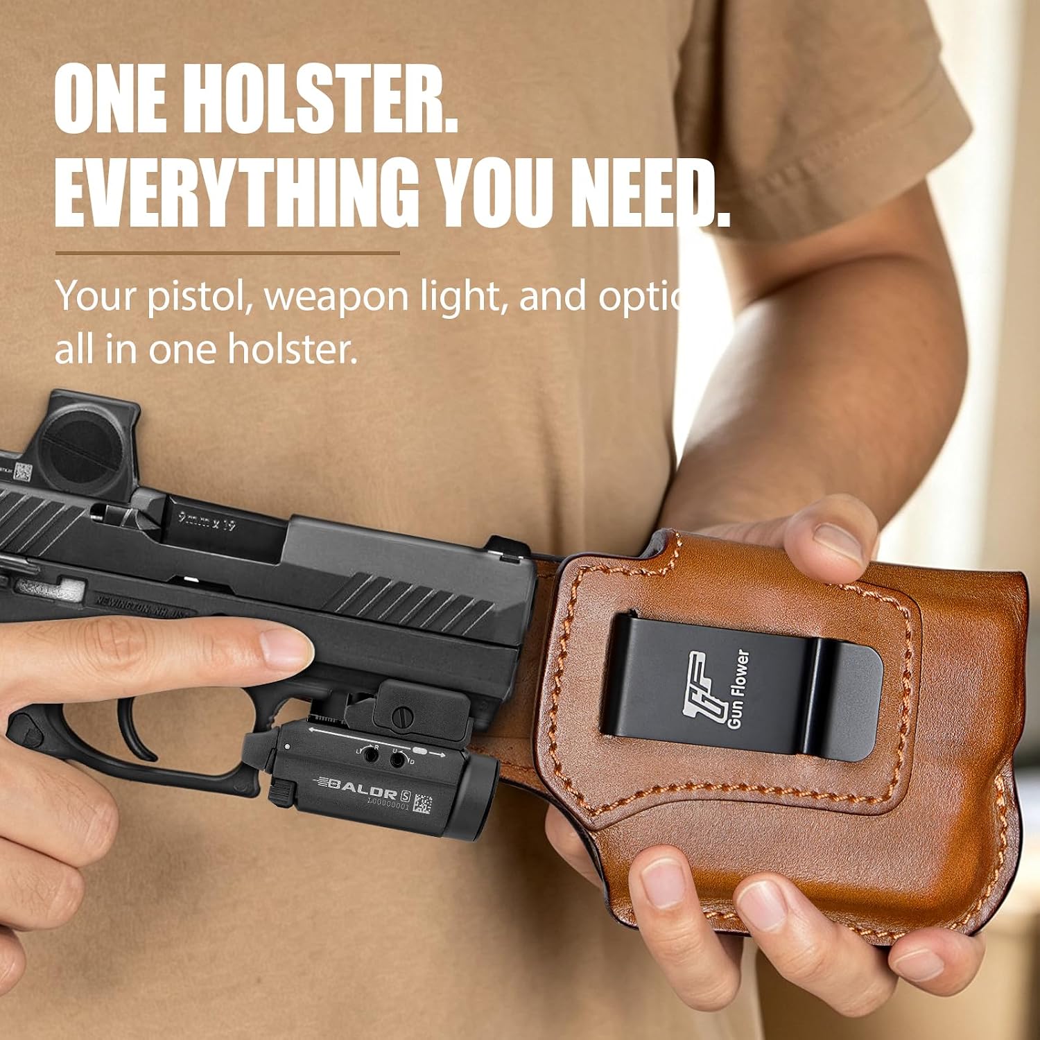 Sig P320 Compact / M18 IWB Brown Leather Holster w/Olight Baldr S / Baldr Mini / RL Mini - Light-Bearing Optic Cut, Also Fits P320 XCarry & XCompact, 1.5"-1.75" Belts, Right Hand
