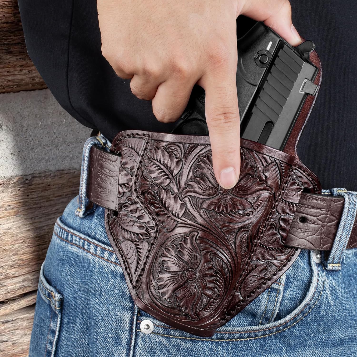 Premium Leather HK USP Holster - Compatible with Heckler & Koch (H&K) USP 9 mm /.40 Full Size, OWB Western Hand-Carved Holster for Women & Men - Fits 1.5" Belts, Right Hand GUN & FLOWER