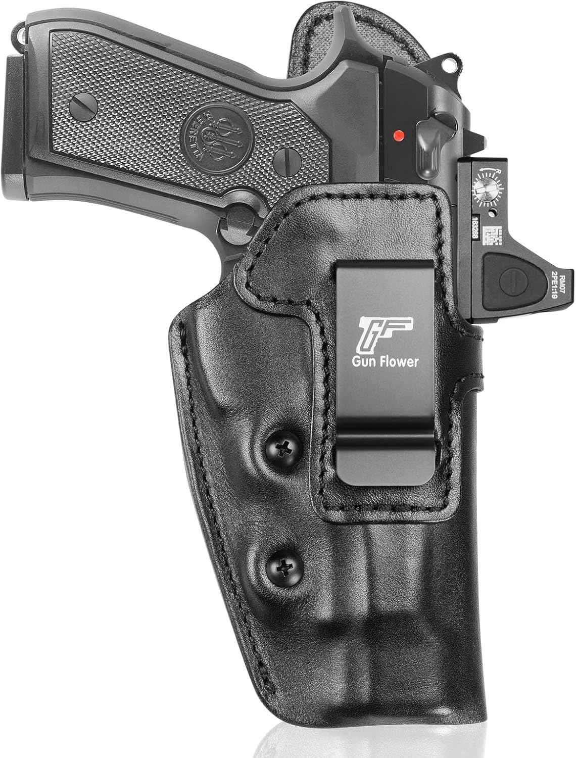 Beretta 92FS IWB Leather Holster - Optic Cut Concealed Carry, Adjustable Retention, Fits 1.5"-1.75" Belt, Premium Leather Inside Waistband, Black Right Hand - GUN & FLOWER
