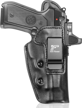 Beretta 92FS IWB Leather Holster - Optic Cut Concealed Carry, Adjustable Retention, Fits 1.5"-1.75" Belt, Premium Leather Inside Waistband, Black Right Hand - GUN & FLOWER
