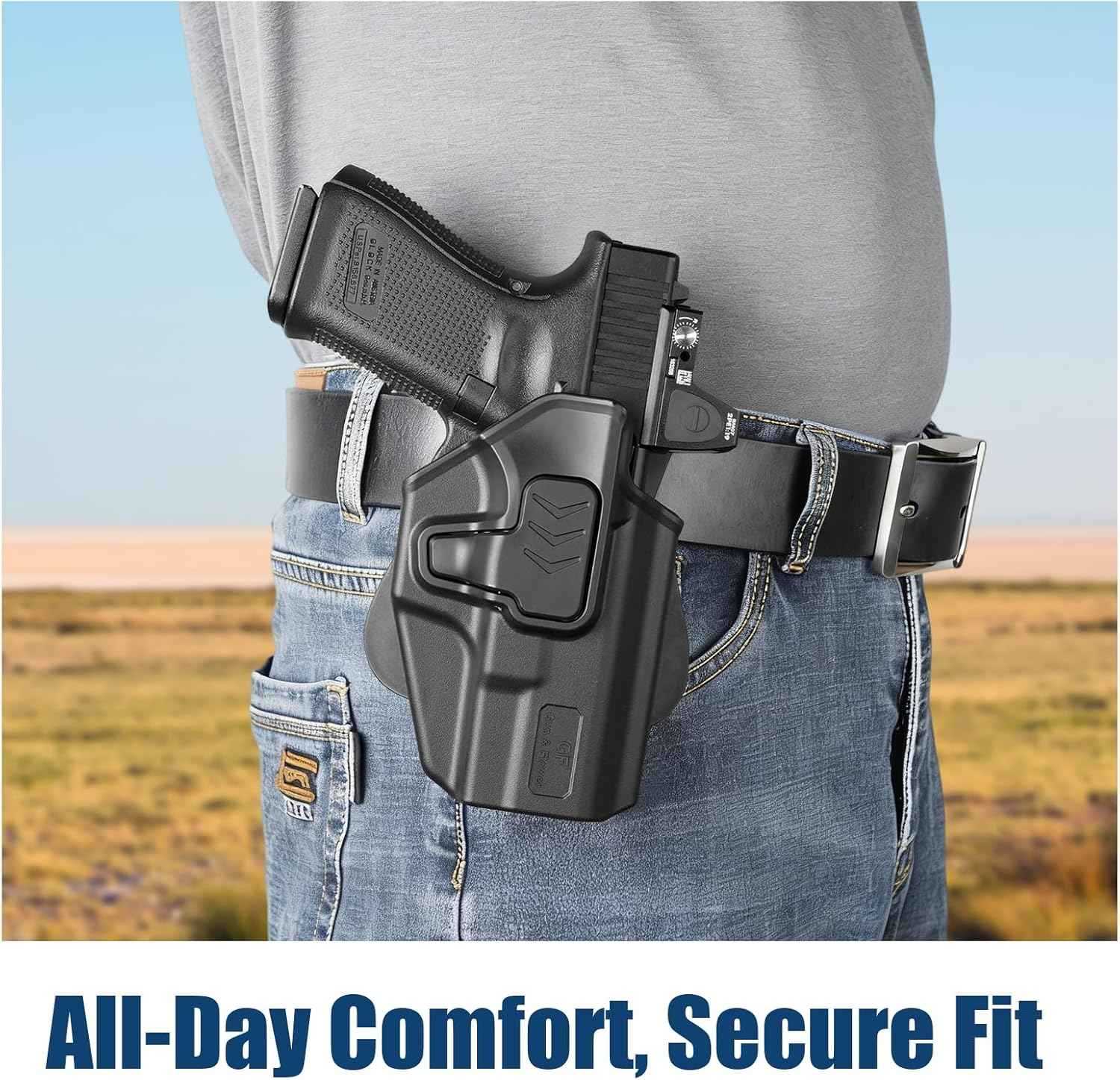 G19 OWB Index Finger Release Holster for Glock 19 G26 Gen 3 4 5, 19X 23 Gen 3 4, G 32 44 45 丨 Level II Retention, 360° Adjustable丨Optic-Compatible Option Available