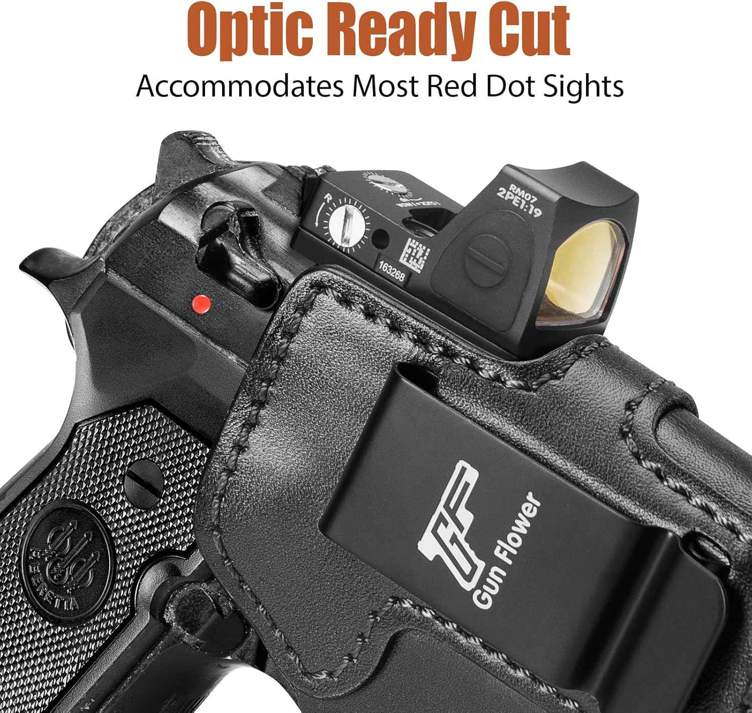 Beretta 92FS IWB Leather Holster - Optic Cut Concealed Carry, Adjustable Retention, Fits 1.5"-1.75" Belt, Premium Leather Inside Waistband, Black Right Hand - GUN & FLOWER