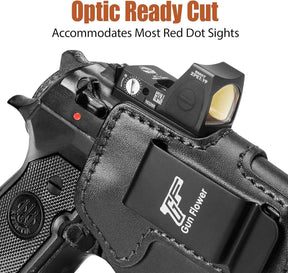 Beretta 92FS IWB Leather Holster - Optic Cut Concealed Carry, Adjustable Retention, Fits 1.5"-1.75" Belt, Premium Leather Inside Waistband, Black Right Hand - GUN & FLOWER