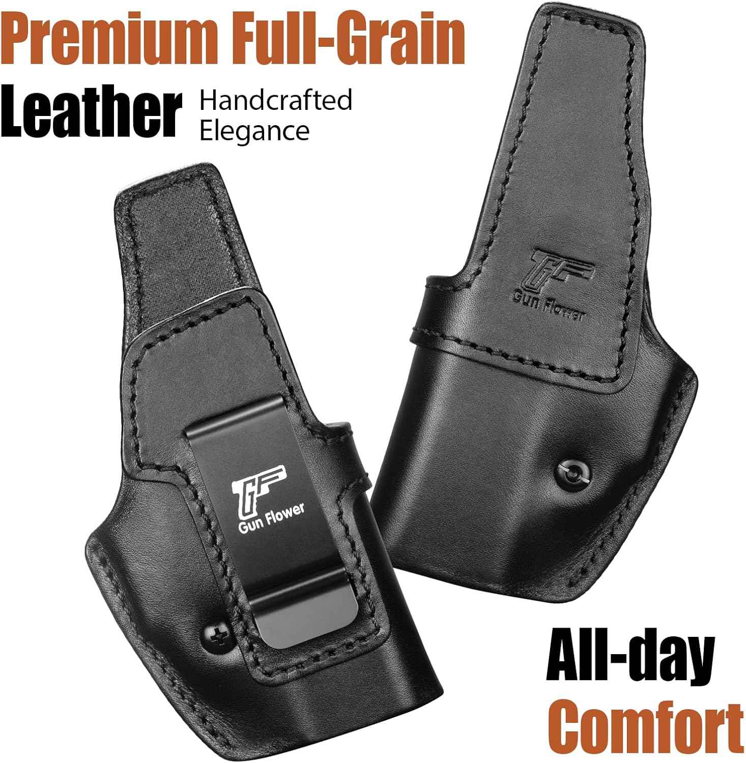 Glock 43/43X/43X MOS IWB Leather Holster - Optic Cut Concealed Carry, Appendix Inside Waistband, Fits 1.5"-1.75" Belt, Brown/Black Right Hand - GUN & FLOWER