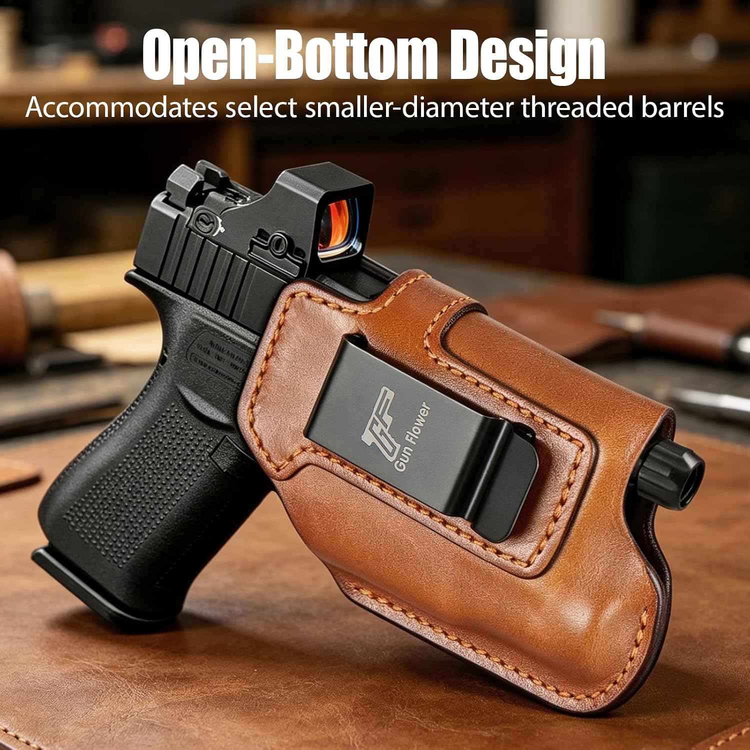 Glock 43X IWB Leather Holster w/TLR-7X Sub, TLR-7 HL-X Sub & TLR-7 Sub - Optic-Ready Cut, Fits Glock 43X MOS & Rail Version + PSA Dagger Micro, 1.5"-1.75" Belts, Right Hand - GUN & FLOWER