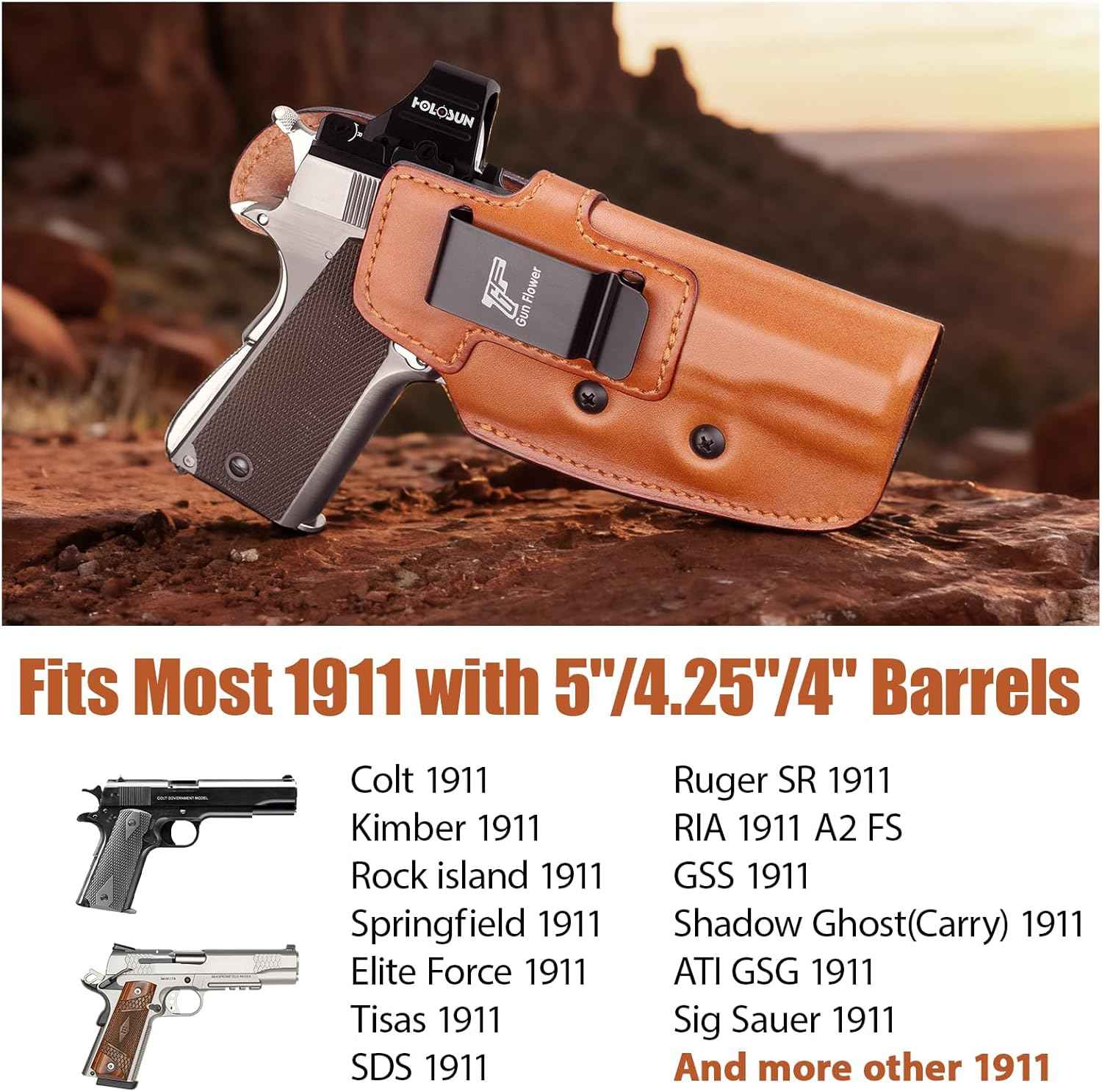 1911 IWB Full Grain Leather Holster - Fits Most 5" / 4.25" / 4" Barrel 1911 Pistols (Kimber, Colt, Tisas, S&W, Sig, Springfield, Ruger SR, Remington & More) - Right Hand Concealed Carry, No Optics/No Light/Laser