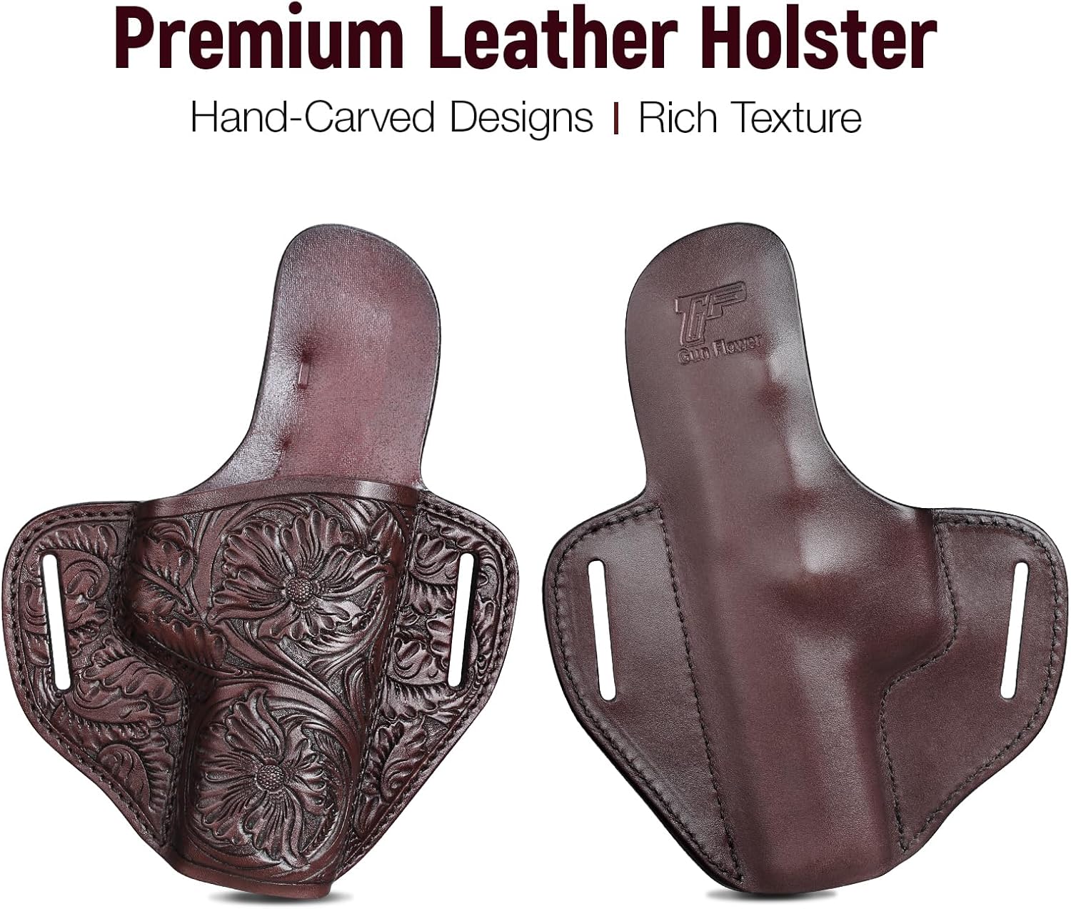 Premium Leather HK USP Holster - Compatible with Heckler & Koch (H&K) USP 9 mm /.40 Full Size, OWB Western Hand-Carved Holster for Women & Men - Fits 1.5" Belts, Right Hand GUN & FLOWER