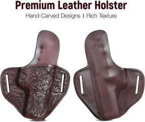 Premium Leather HK USP Holster - Compatible with Heckler & Koch (H&K) USP 9 mm /.40 Full Size, OWB Western Hand-Carved Holster for Women & Men - Fits 1.5" Belts, Right Hand GUN & FLOWER