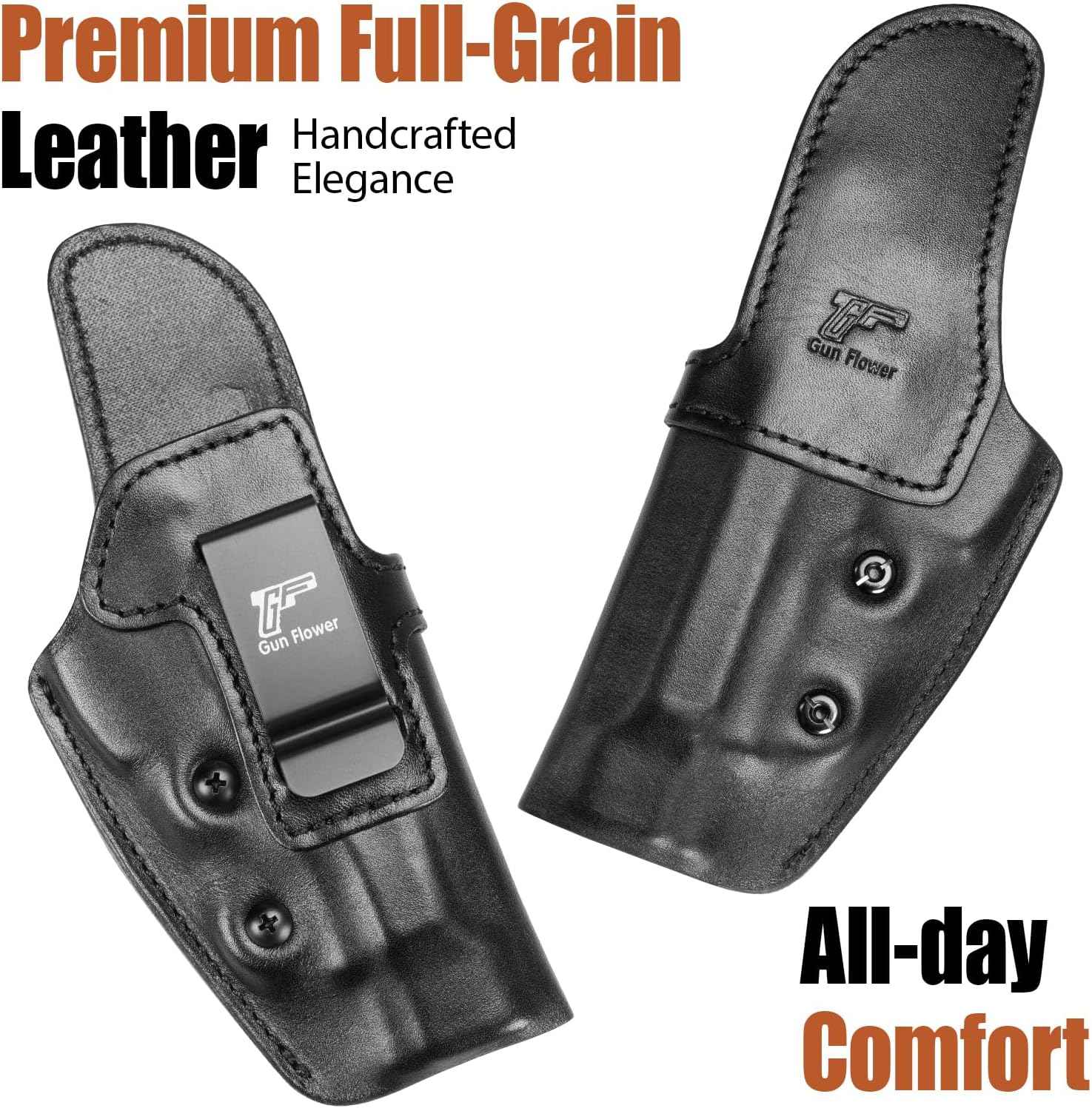 Beretta 92FS IWB Leather Holster - Optic Cut Concealed Carry, Adjustable Retention, Fits 1.5"-1.75" Belt, Premium Leather Inside Waistband, Black Right Hand - GUN & FLOWER