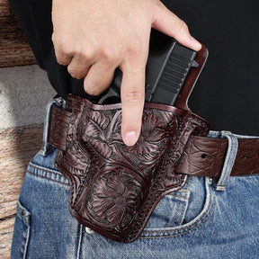 Premium Leather Holster for Women & Men, OWB Western Hand-Carved Holster - Compatible with Glock 17/19 Gen3-5 & 17/19 Gen4-5 MOS, 22/31(Gen3-4), 19X/ 44/45 - Fits 1.5" Belts, Right Hand GUN & FLOWER