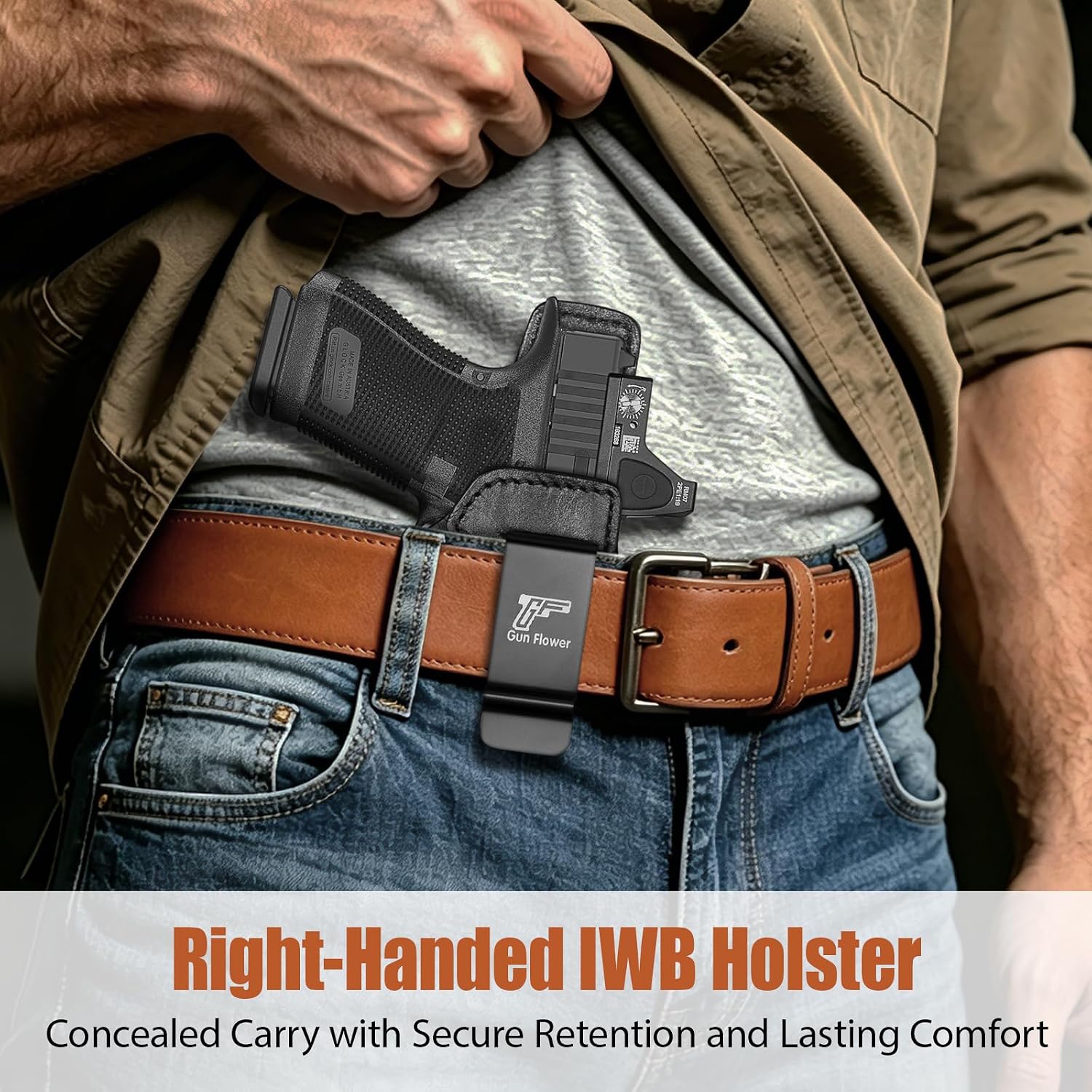 Glock 19/19X/23/32/44/45 IWB Black Leather Holster w/Olight Baldr S / Baldr Mini / RL Mini - Light-Bearing Optic Cut, Fits MOS Version, 1.5"-1.75" Belts, Right Hand