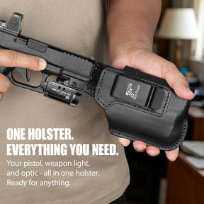 Glock 19/19X/23/32/44/45 IWB Black Leather Holster w/Olight Baldr S / Baldr Mini / RL Mini - Light-Bearing Optic Cut, Fits MOS Version, 1.5"-1.75" Belts, Right Hand