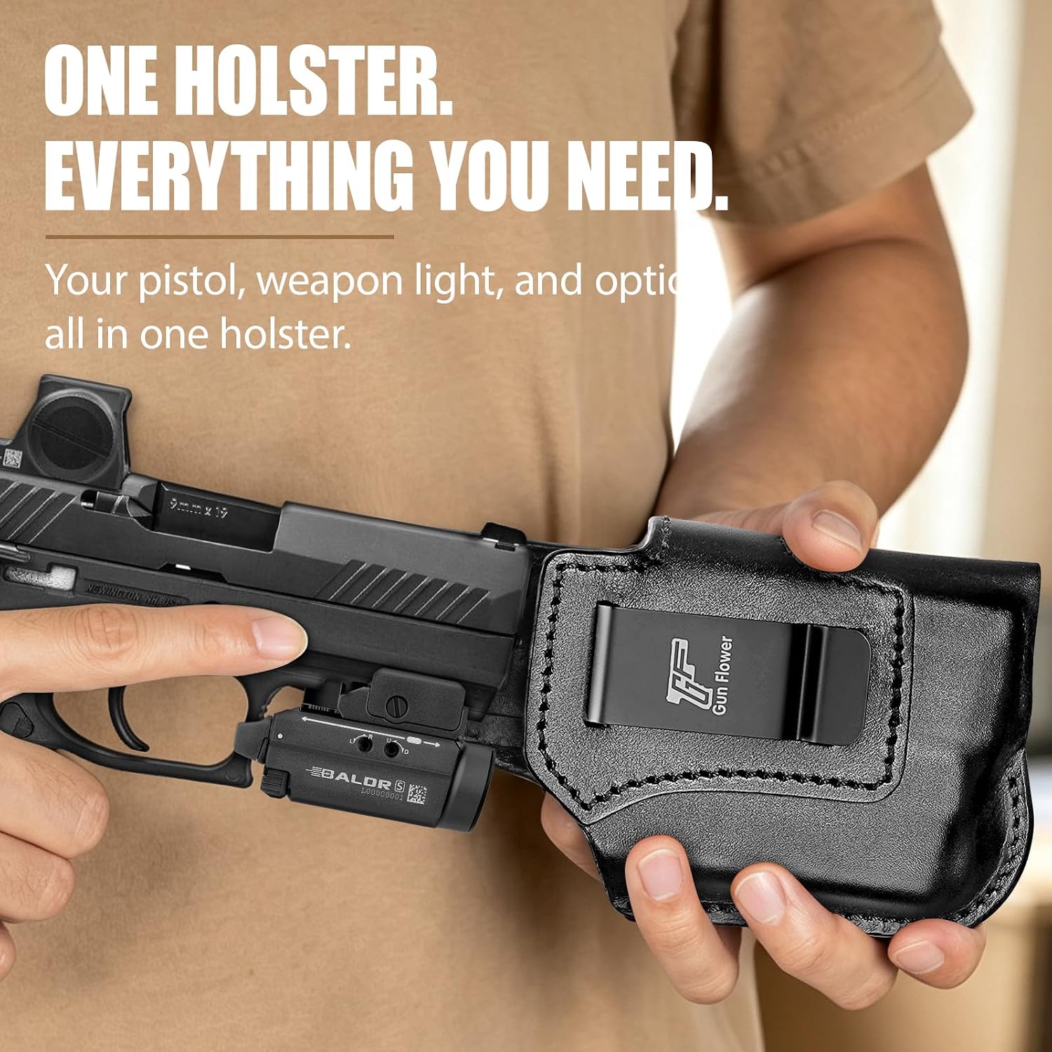 Sig P320 Compact / M18 IWB Black Leather Holster w/Olight Baldr S / Baldr Mini / RL Mini - Light-Bearing Optic Cut, Also Fits P320 XCarry & XCompact, 1.5"-1.75" Belts, Right Hand