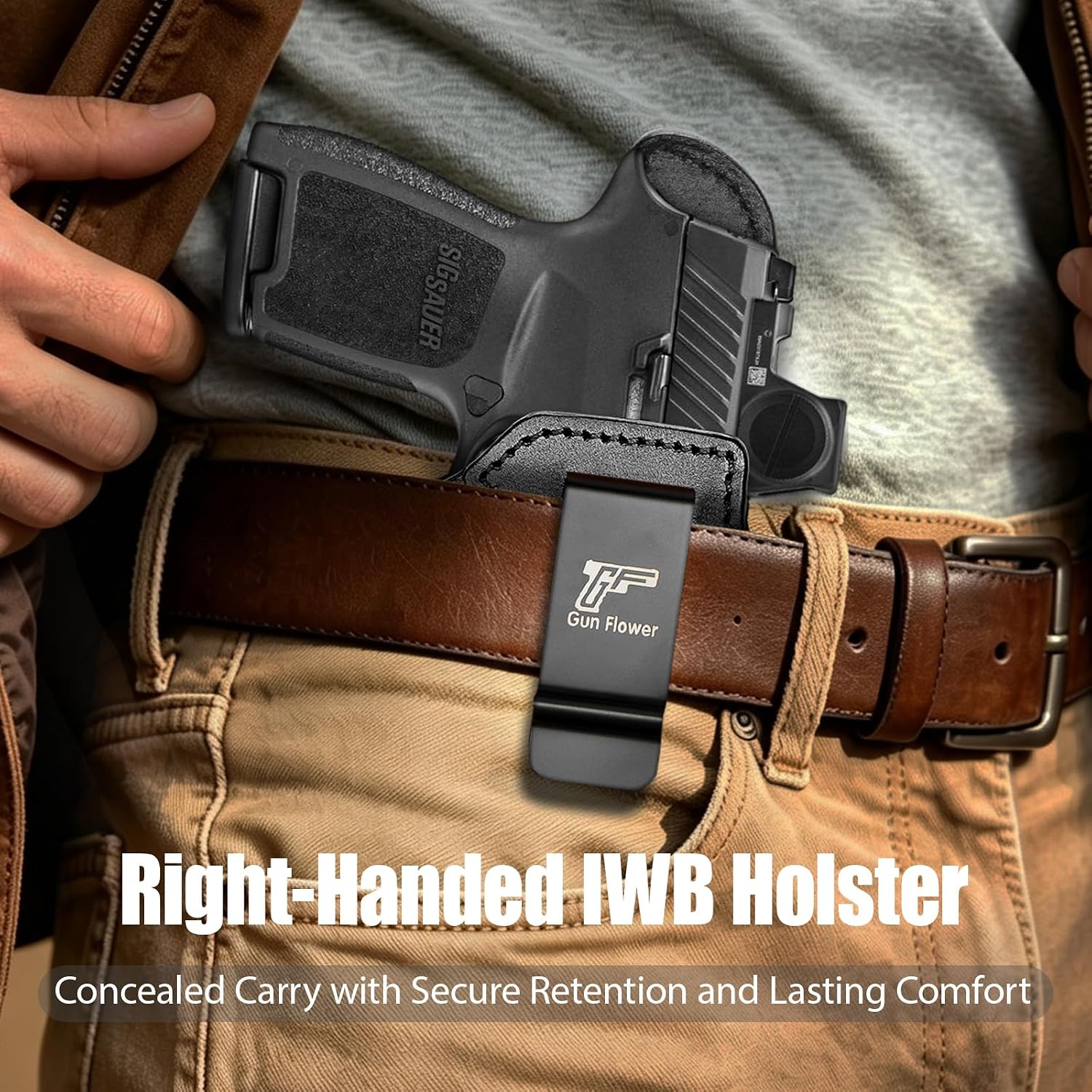 Sig P320 Compact / M18 IWB Black Leather Holster w/Olight Baldr S / Baldr Mini / RL Mini - Light-Bearing Optic Cut, Also Fits P320 XCarry & XCompact, 1.5"-1.75" Belts, Right Hand