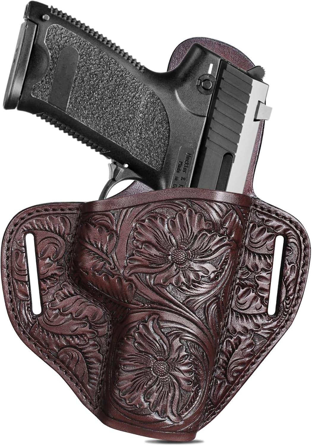 Premium Leather HK USP Holster - Compatible with Heckler & Koch (H&K) USP 9 mm /.40 Full Size, OWB Western Hand-Carved Holster for Women & Men - Fits 1.5" Belts, Right Hand GUN & FLOWER