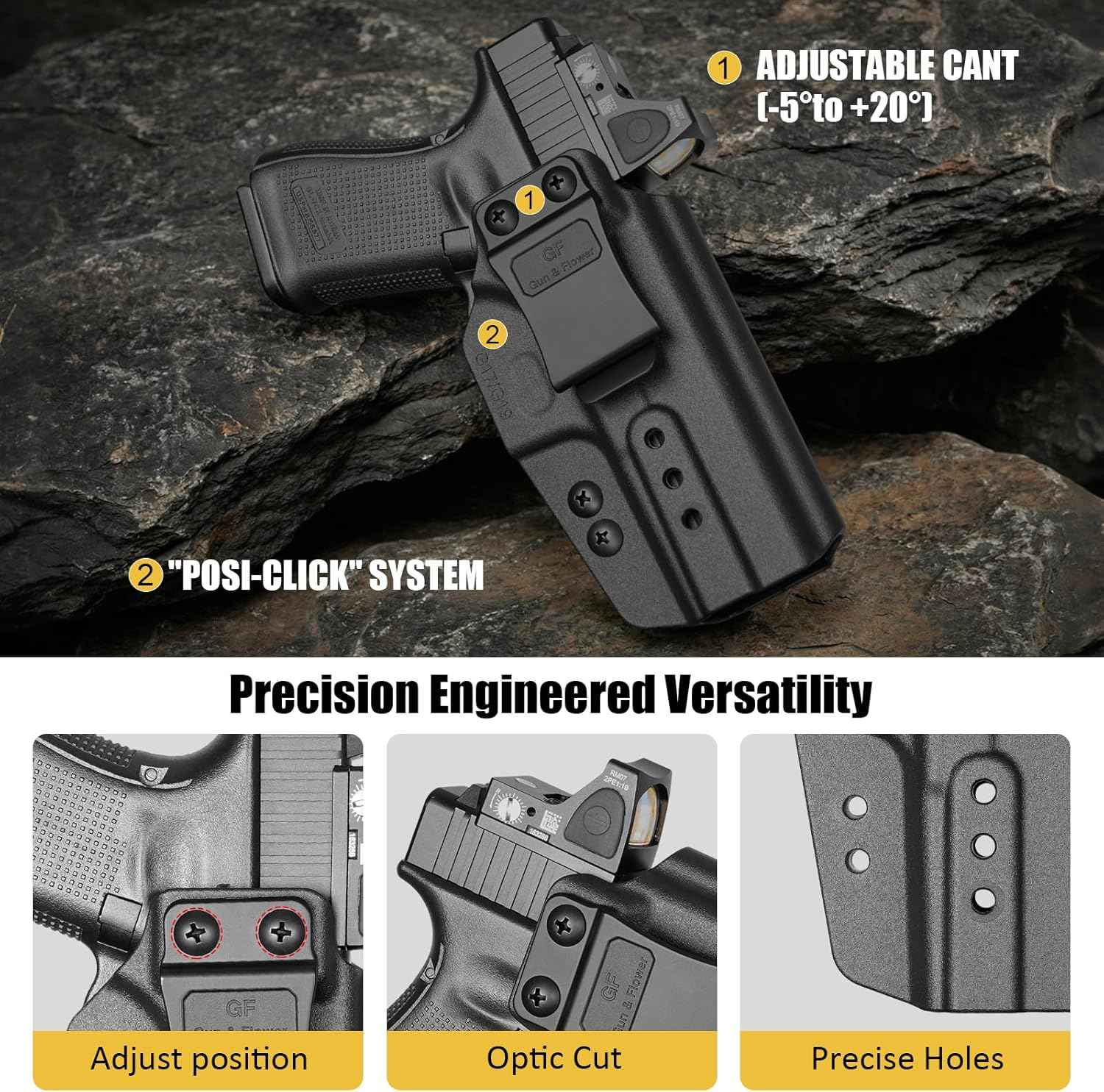 Glock 19/17/19X/45 IWB Holster - Optic Cut, Adjustable Cant & Height, Inside Waistband Concealed Carry, Fits Gen 1-6 + G34/G44/G32 Gen3-4 & Ruger RXM, Right Hand Black (OWB Ready) - GUN & FLOWER