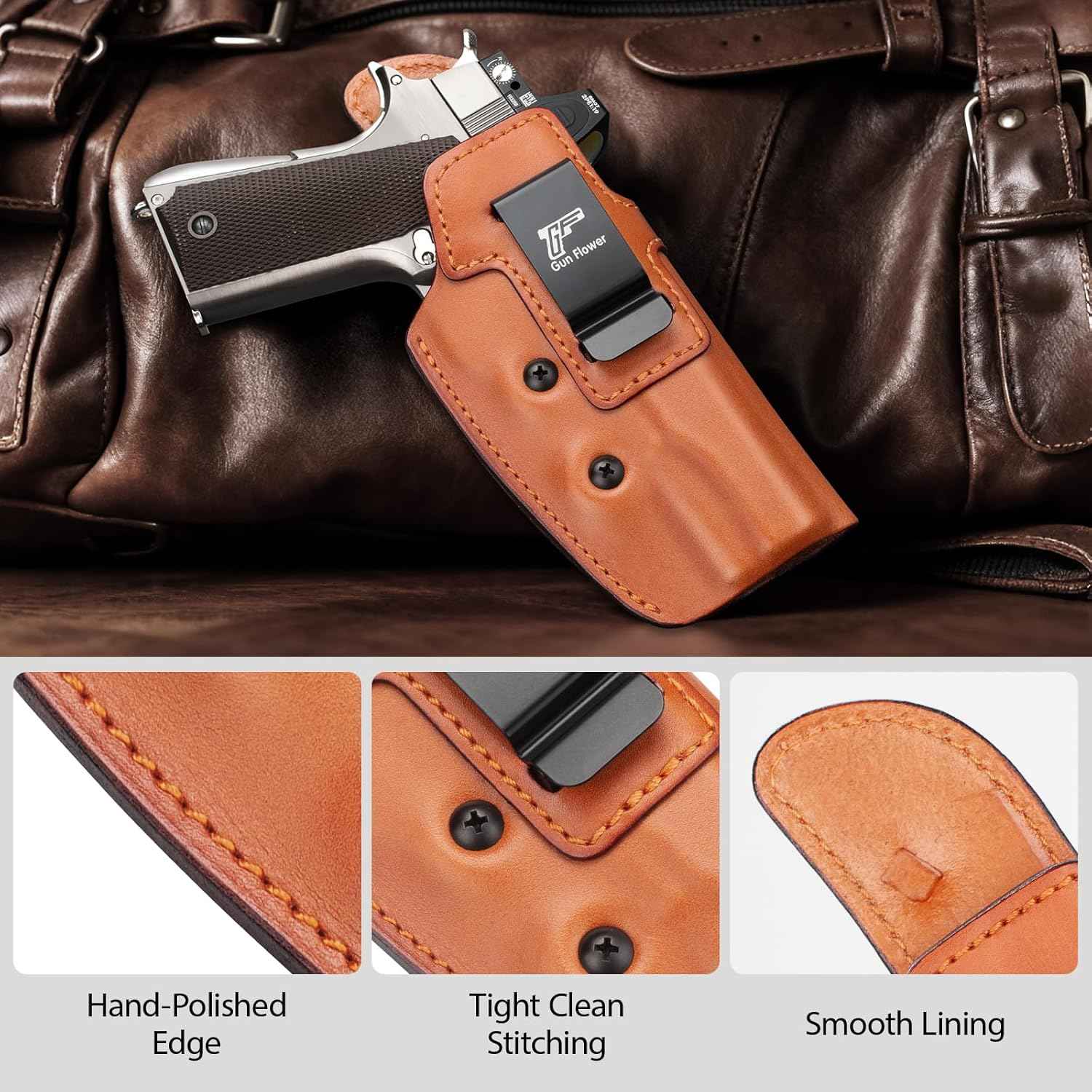 1911 IWB Full Grain Leather Holster - Fits Most 5" / 4.25" / 4" Barrel 1911 Pistols (Kimber, Colt, Tisas, S&W, Sig, Springfield, Ruger SR, Remington & More) - Right Hand Concealed Carry, No Optics/No Light/Laser