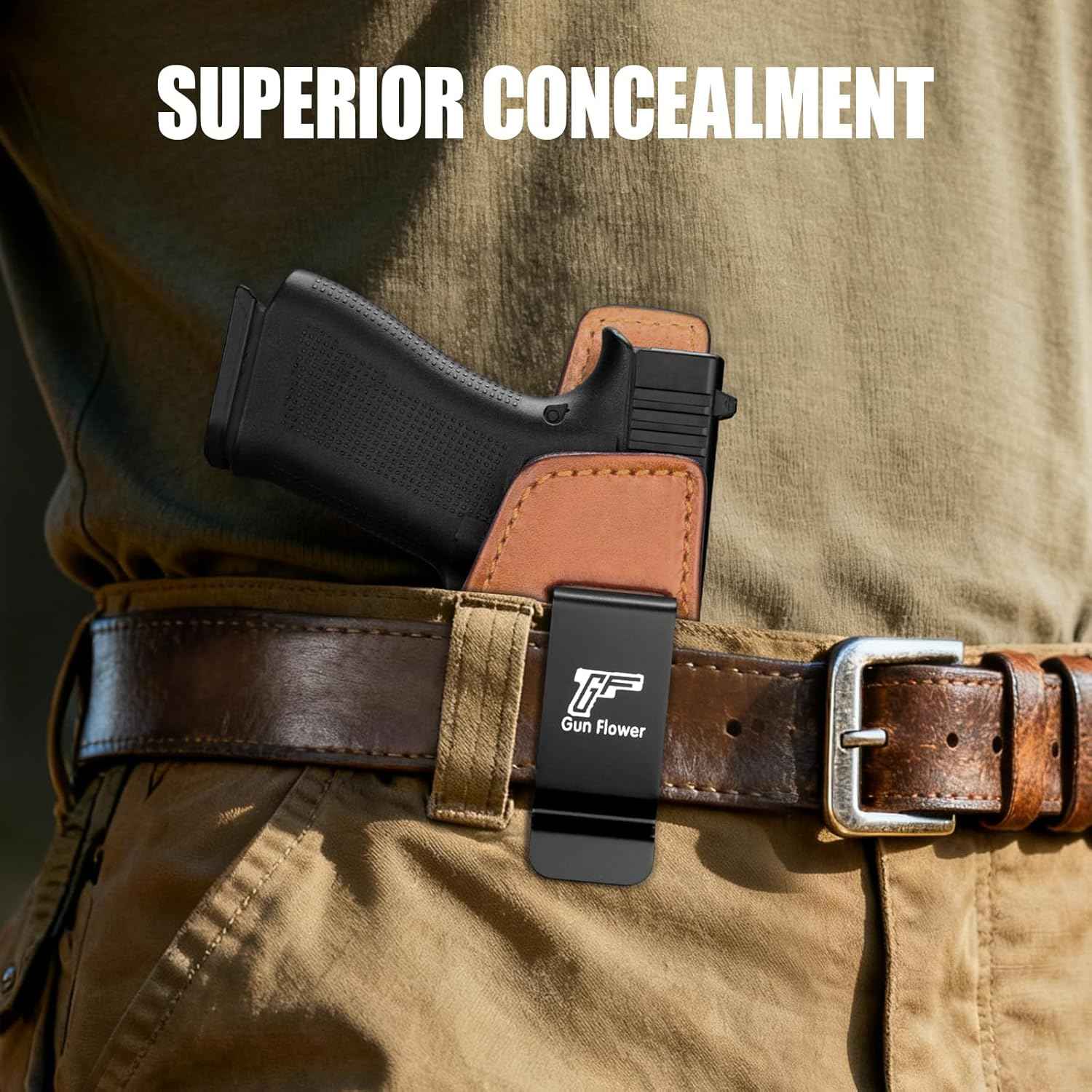 Glock 43/43X/43X MOS IWB Leather Holster - Optic Cut Concealed Carry, Appendix Inside Waistband, Fits 1.5"-1.75" Belt, Brown/Black Right Hand - GUN & FLOWER