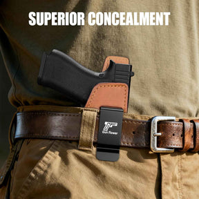 Glock 43/43X/43X MOS IWB Leather Holster - Optic Cut Concealed Carry, Appendix Inside Waistband, Fits 1.5"-1.75" Belt, Brown/Black Right Hand - GUN & FLOWER