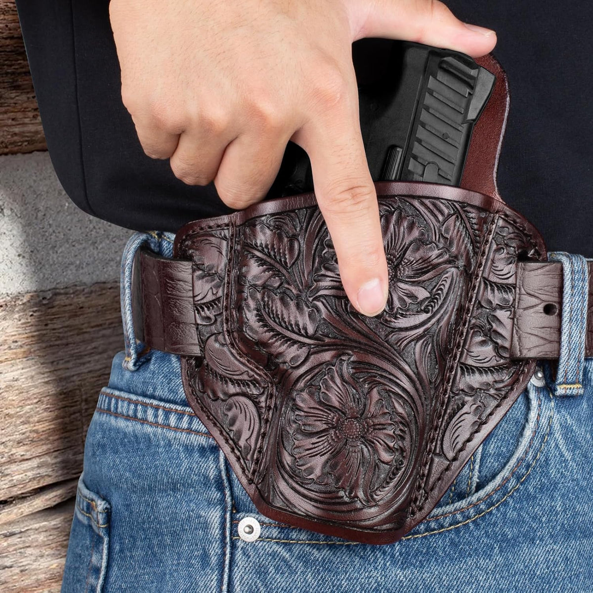 Premium Leather HK VP9 Holster - Compatible with Heckler & Koch (H&K) VP9/ VP40/ SFP9/ SFP40, OWB Western Hand-Carved Holster for Women & Men -Fits 1.5" Belts GUN & FLOWER